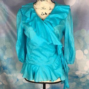 Lauren Ralph Lauren Blue Ruffled Cotton Wrap Top L
